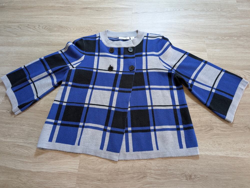 Luxe by Mercer Street Studio Womens Large Blue Black Gray Plaid Cardigan Sweater